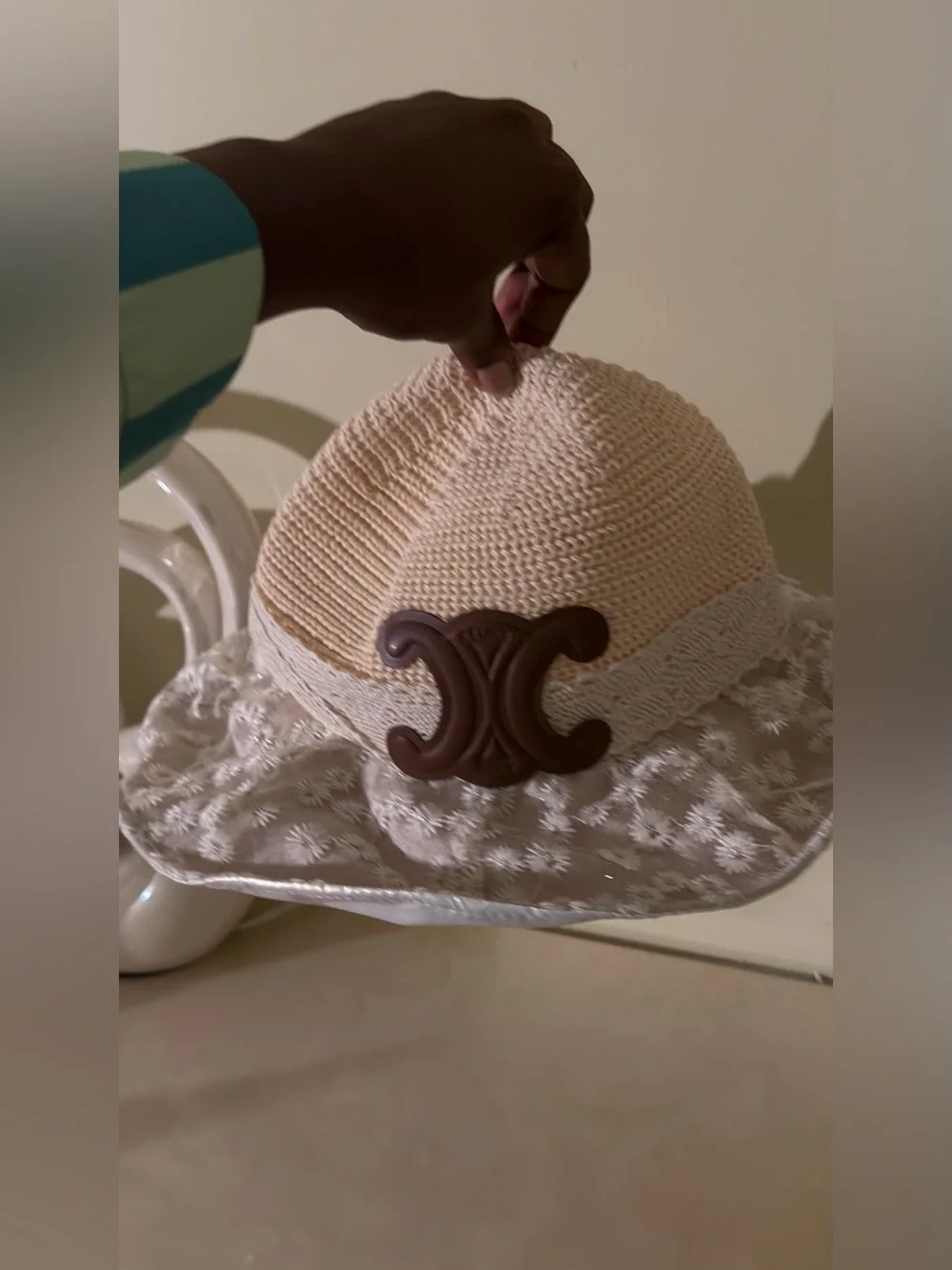 Beige Floral Lace Sun Hat with Brown Accent